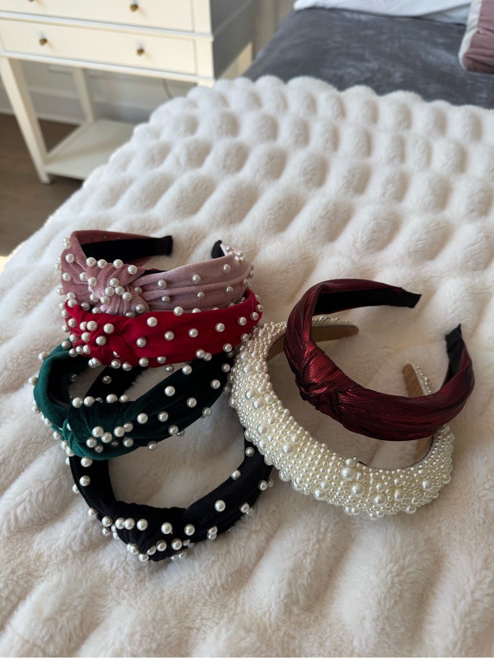 Pearl-Embellished Velvet Headbands - Multi Color